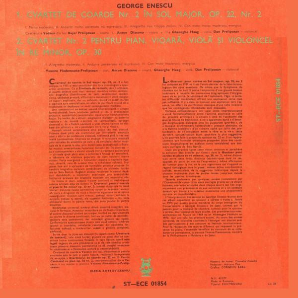 George Enescu - Cvartetul De Coarde Nr.2 În Sol Major, Op.22, Nr.2 / Cvartetul Nr.2 În Re Minor, Pentru Pian, Vioară, Violă Și Violoncel, Op.30, (Disc Vinil) [2]