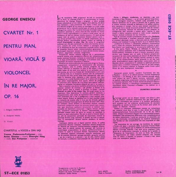 George Enescu - Cvartetul Nr. 1 În Re Major, Pentru Pian, Vioarǎ, Violǎ Și Violoncel Op. 16, (Disc Vinil) [2]