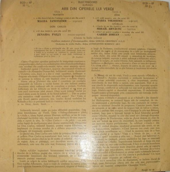 Giuseppe Verdi - Arii Din Opere (Traviata ‎- Don Carlos ‎- Aida ‎- Othello) (Disc Vinil) [2]