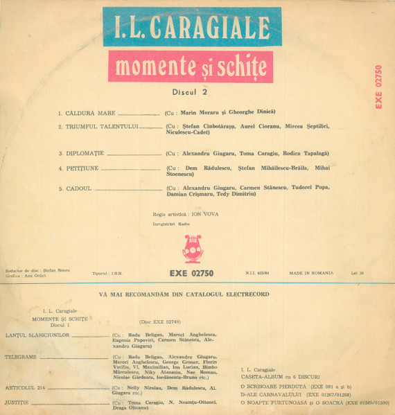 I.L. Caragiale* – Momente Și Schițe (Discul 2), (Disc Vinil) [2]