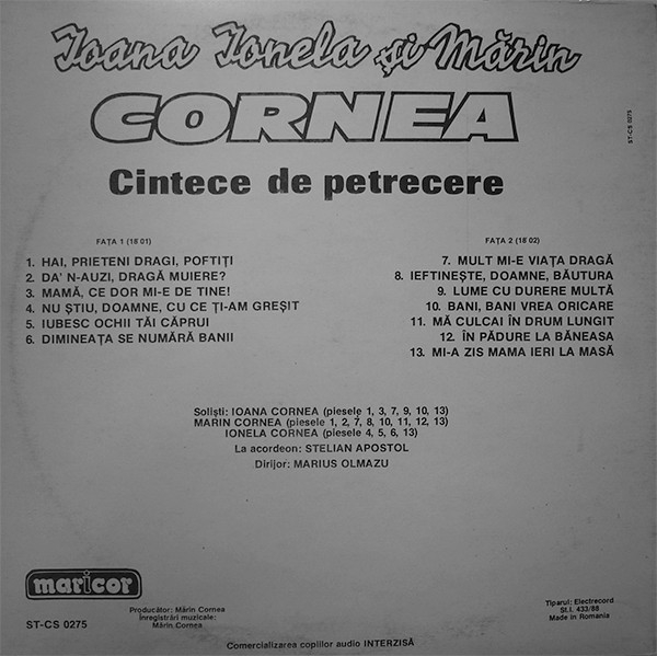 Ioana*, Ionela* și Mărin Cornea – Cîntece De Petrecere, (Disc Vinil) [2]