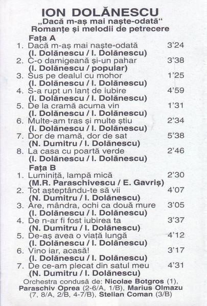 Ion Dolănescu - ”Dacă M-aș Mai Naște Odată” Romanțe Și Cântece De Petrecere, (Casetă Audio) [2]