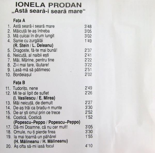 Ionela Prodan - Astă Seară-i Seară Mare, (Casetă Audio) [2]