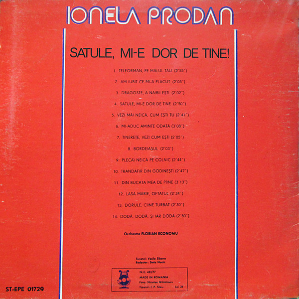 Ionela Prodan – Satule, Mi-e Dor De Tine!, (Disc Vinil) [2]