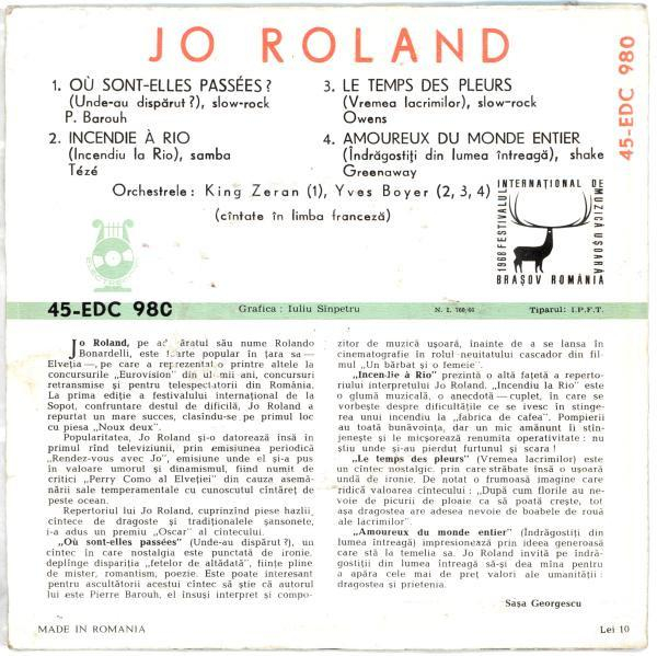 Jo Roland - Où Sont-Elles Passées ? / Incendie À Rio / Le Temps De Pleurs / Amoureux Du Monde Entier [2]
