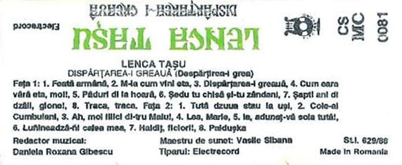 Lenca Tașu - Dispârțarea-i Greauă (Despărțirea-i Grea), (Casetă Audio) [2]