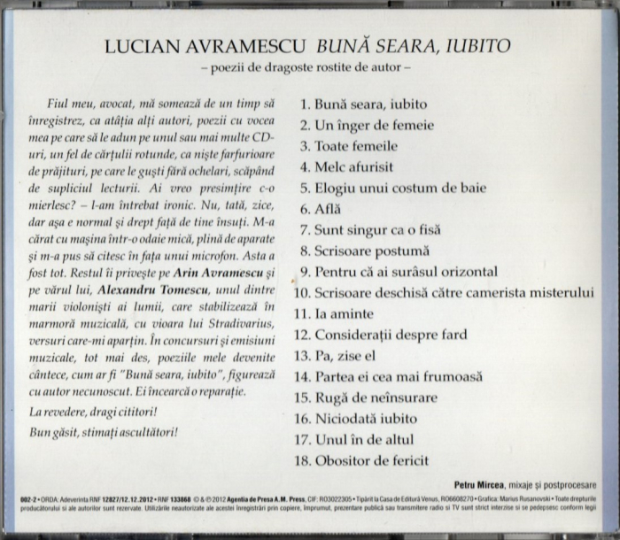 LUCIAN AVRAMESCU  - BUNĂ SEARA,IUBITO (CD) [2]