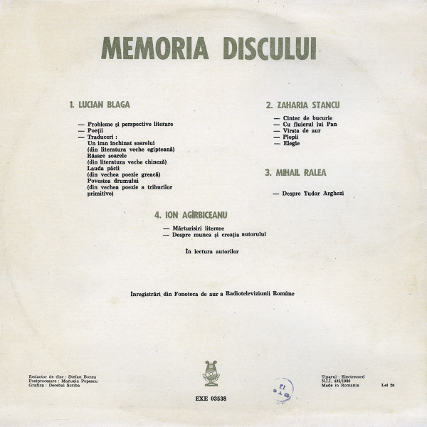 Lucian Blaga / Zaharia Stancu / Mihail Ralea* / Ion Agîrbiceanu – Memoria Discului [2]