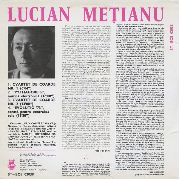 Lucian Mețianu – String Quartet No.1 ● Pythagoreis ● String Quartet No.2 ● Evolutio '73 (Disc Vinil) [2]