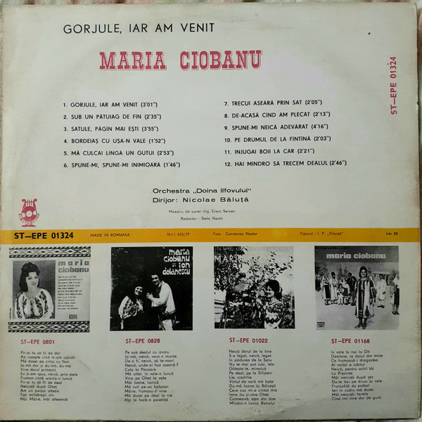 Maria Ciobanu - Gorjule, Iar Am Venit, (Disc Vinil) [2]