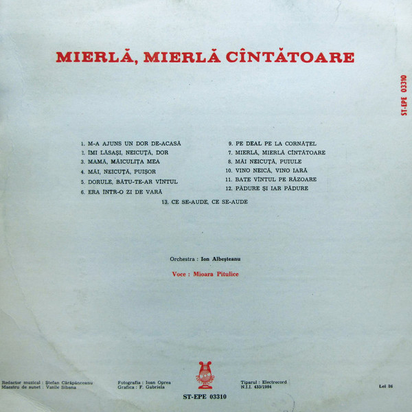 Mioara Pitulice - Mierlă, Mierlă Cîntătoare, (Disc Vinil) [2]