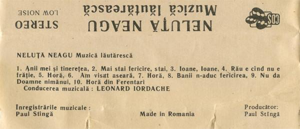Neluță Neagu - Muzică Lăutăreasca, (Casetă Audio) [2]