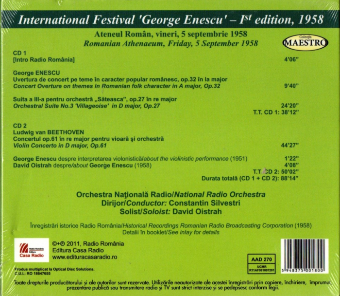 Orchestra Națională Radio Dirijor: Constantin Silvestri Solist: David Oistrah – International Festival 'George Enescu' - 1st Edition - Friday, 5 September 1958: Concertul Orchestrei Naționale Radio (C [2]