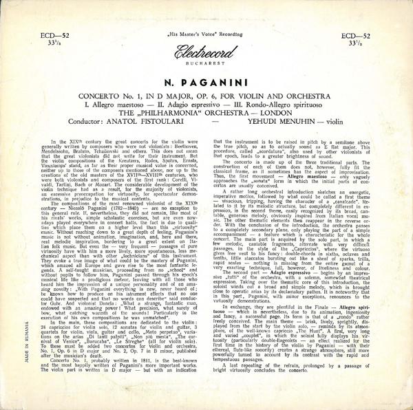 Paganini* - The "Philharmonia" Orchestra London* , Conductor : A. Fistoulari* - Violin : Yehudi Menuhin – Concerto No. 1, In D Major, Op. 6 For Violin And Orchestra (VINIL) [2]