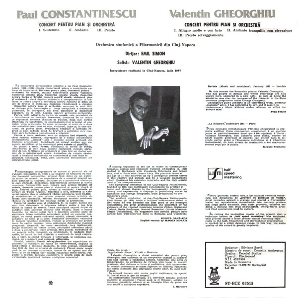 Paul Constantinescu / Valentin Gheorghiu - Cluj-Napoca Philharmonic Orchestra* / Emil Simon – Concertos For Piano And Orchestra (VINIL) [2]