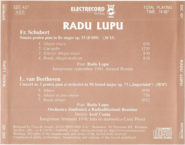 Radu Lupu - Sonata Pentru Pian În Re Major Op. 53 / Concert Nr. 5 Pentru Pian Și Orchestră În Mi Bemol Major Op. 73 , (CD) [2]