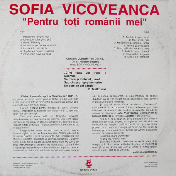 Sofia Vicoveanca – Pentru Toți Românii Mei, (Disc Vinil) [2]