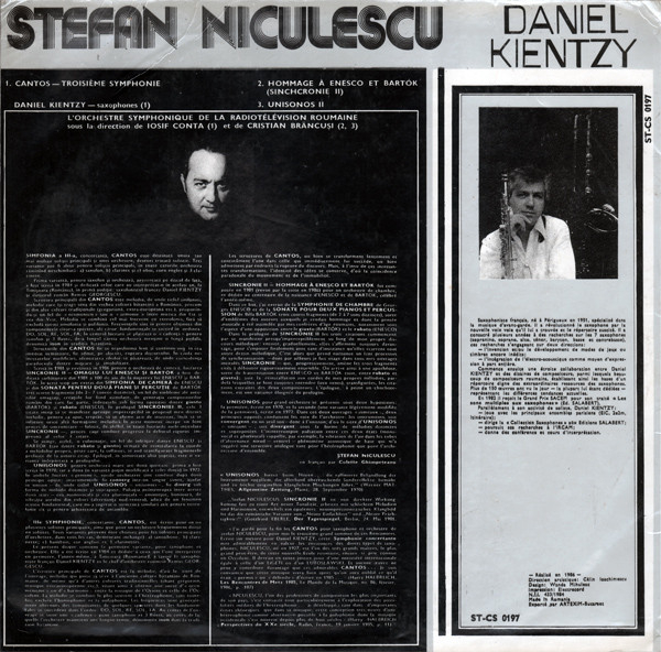 Stefan Niculescu* - Daniel Kientzy Saxophones, L'Orchestre de la Radiotelevision Roumaine* direction Iosif Conta et Cristian Brancusi* – Cantos / Unisonos II / Hommage A Enesco Et Bartok (VINIL) [2]