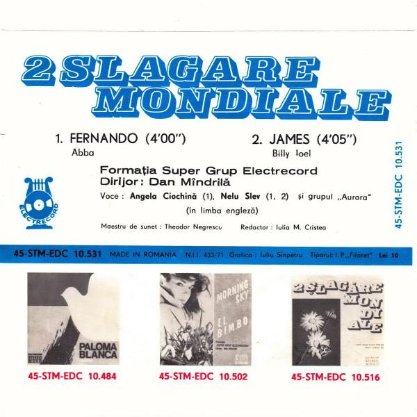 Super Grup Electrecord - 2 Șlagăre Mondiale : Fernando / James (Disc Vinil) [2]