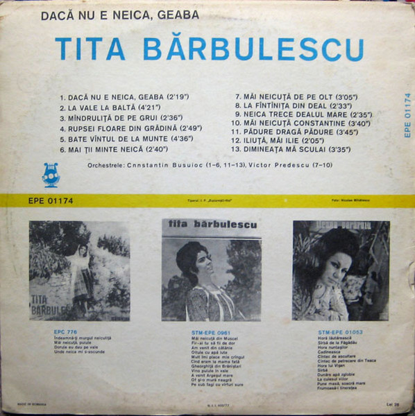 Tita Bărbulescu - Dacă Nu E Neica,Geaba, (Disc Vinil) [2]