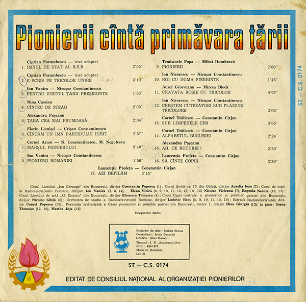 Various – Pionierii Cîntă Primăvara Țării (Discul 1- Muzică Corală) (Disc Vinil) [2]