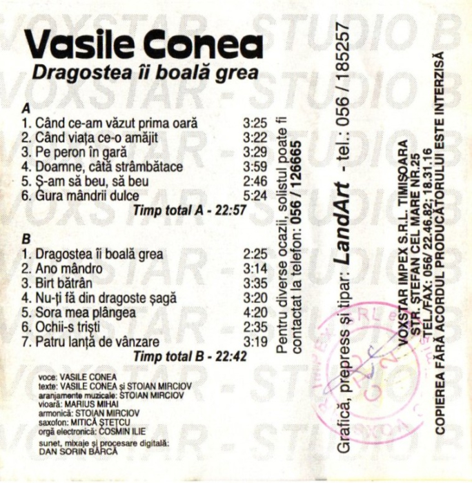 Vasile Conea - Dragostea îi boală grea (Casetă Audio) [2]