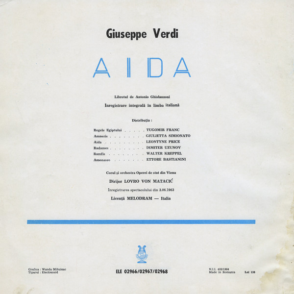 Verdi* - Corul Operei de stat din Viena* si Orchestra Operei de stat din Viena* Dirijor Lovro von Matacić* – Aida (VINIL) [2]