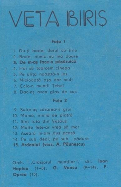 Veta Biriș - Du-ți Bade, Dorul Cu Tine (Caseta Audio) [2]