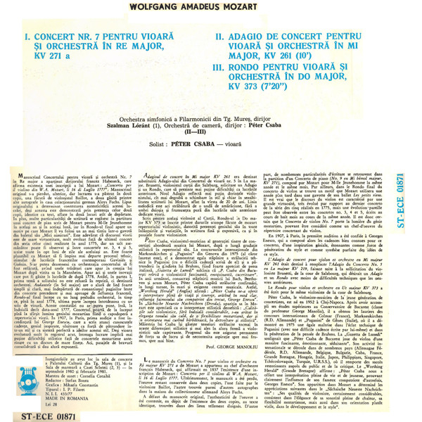 Wolfgang Amadeus Mozart - Concert Nr. 7 În Re Major, K. V. 271 A / Adagio În Mi Major, K. V. 261 / Rondo În Do Major, K. V. 373 Pentru Vioară Și Orchestră, (Disc Vinil) [2]