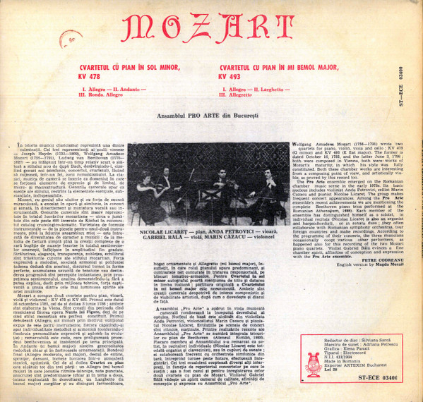 Wolfgang Amadeus Mozart - Quartets For Piano And Strings, (Disc Vinil) [2]