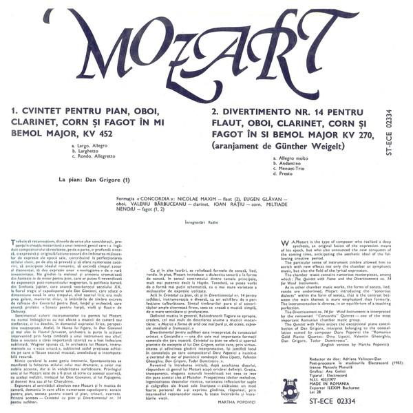 Wolfgang Amadeus Mozart - Quintet For Piano And Winds - Divertimento No. 14 For Wind Quintet, (Disc Vinil) [2]