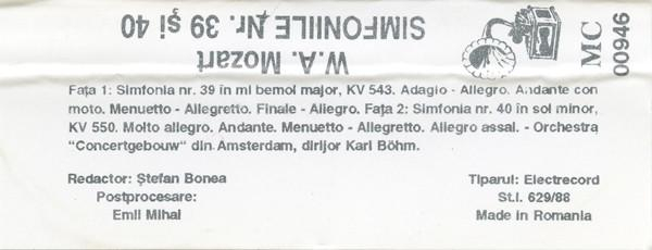 Wolfgang Amadeus Mozart - Simfoniile Nr. 39 Și 40 (Caseta Audio) [2]