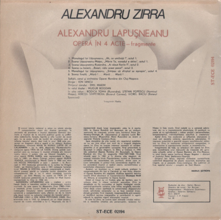 Alexandru Zirra - Fragmente Din Opera Alexandru Lăpușneanu, (Disc Vinil) [1]