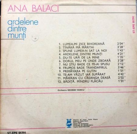 Ana Balaci - Ardelene Dintre Munți, (Disc Vinil) [1]