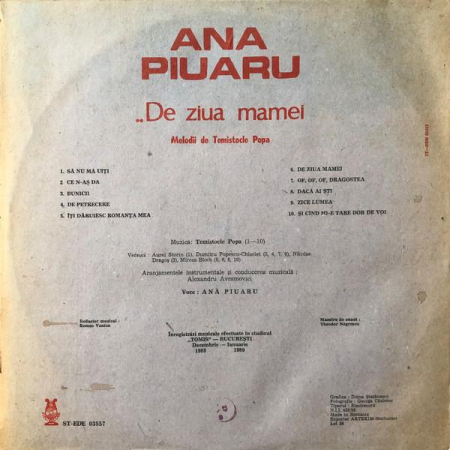 Ana Piuaru - De Ziua Mamei (Melodii De Temistocle Popa), (Disc Vinil) [1]