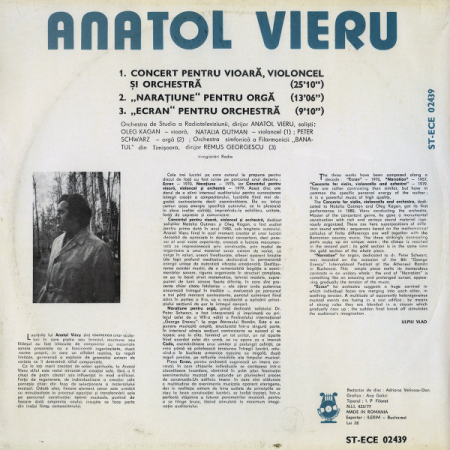 Anatol Vieru – Concerto For Violin, Cello And Orchestra / Narration / Ecran = Screen (VINIL) [1]