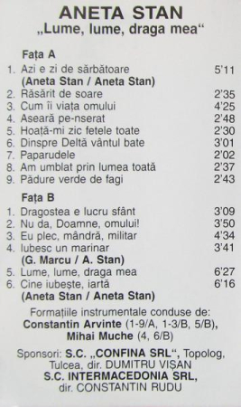 Aneta Stan - Lume, Lume, Draga Mea, (Casetă Audio) [1]