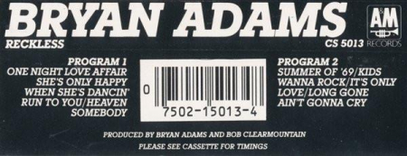 Bryan Adams - Reckless , (Casetă Audio) [1]