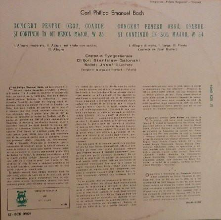 Carl Philipp Emanuel Bach - Concertele Pentru Orgă, Coarde Şi Continuo *în Mi Bemol Major *în Sol Major, (Disc Vinil) [1]