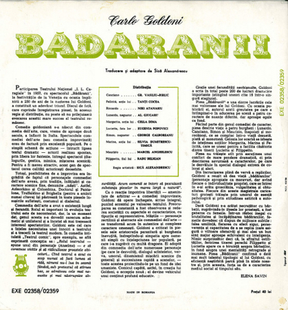 Carlo Goldoni - Bădăranii, (Disc Vinil) [1]