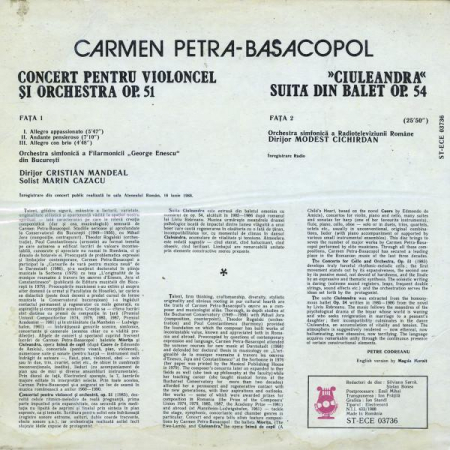 Carmen Petra-Basacopol - Concerto For Cello And Orchestra, Op 51 / „Ciuleandra” „Ballet-suite Op. 54”, (Disc Vinil) [1]