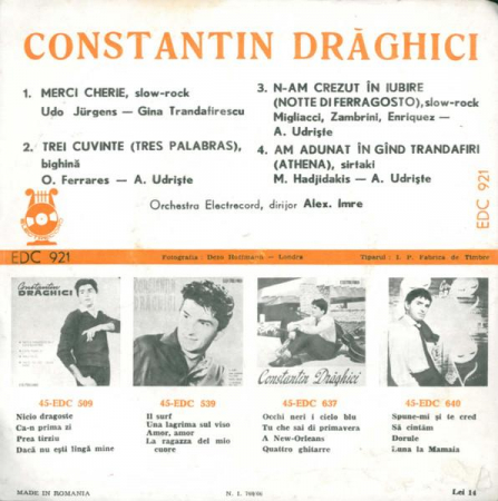 Constantin Drăghici - Merci Chérie / Trei Cuvinte / N-am Crezut În Iubire / Am Adunat În Gînd Trandafiri, (Disc Vinil) [1]