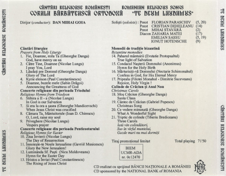 Corala Bărbătească Ortodoxă "Te Deum Laudamus" Dirijor: Dan Mihai Goia – Cântări Religioase Românești (CD) [1]