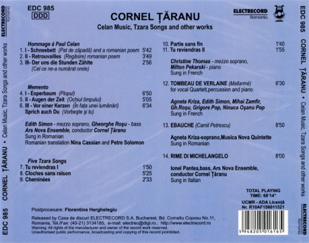 Cornel Țăranu – Celan Music, Tzara Songs And Other Works (CD), (CD) [1]