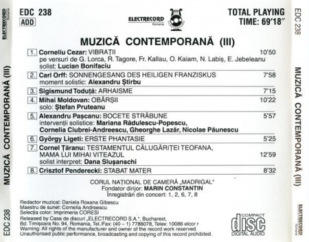 Corul Madrigal - Contemporary Music III , (CD) [1]