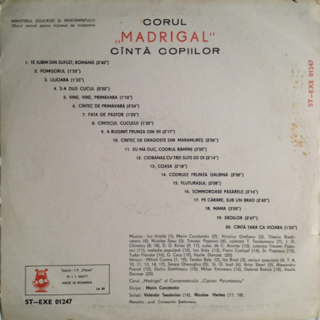 Corul Madrigal - Corul „Madrigal” Cîntă Copiilor Pagini Alese Din Muzica Corală Românească, (Disc Vinil) [1]
