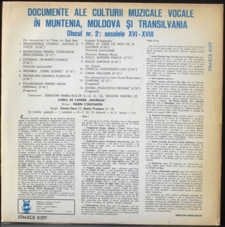 Corul Madrigal - Documente Ale Culturii Muzicale Vocale În Muntenia Moldova Și Transilvania Discul Nr.2 Secole XVI-XVIII, (Disc Vinil) [1]