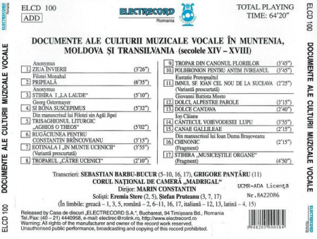Corul Madrigal - Documente Ale Culturii Muzicale Vocale În Muntenia, Moldova Și Transilvania (Secolele XIV-XVIII), (CD) [1]
