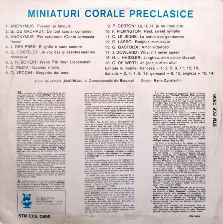 Corul Madrigal - Miniaturi Corale Preclasice, (Disc Vinil) [1]