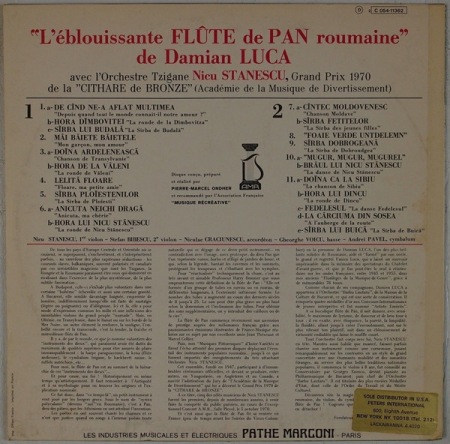 Damian Luca Avec Nicu Stanescu Et Son Orchestre* – L'eblouissante Flute De Pan Roumaine (Disc Vinil) [1]